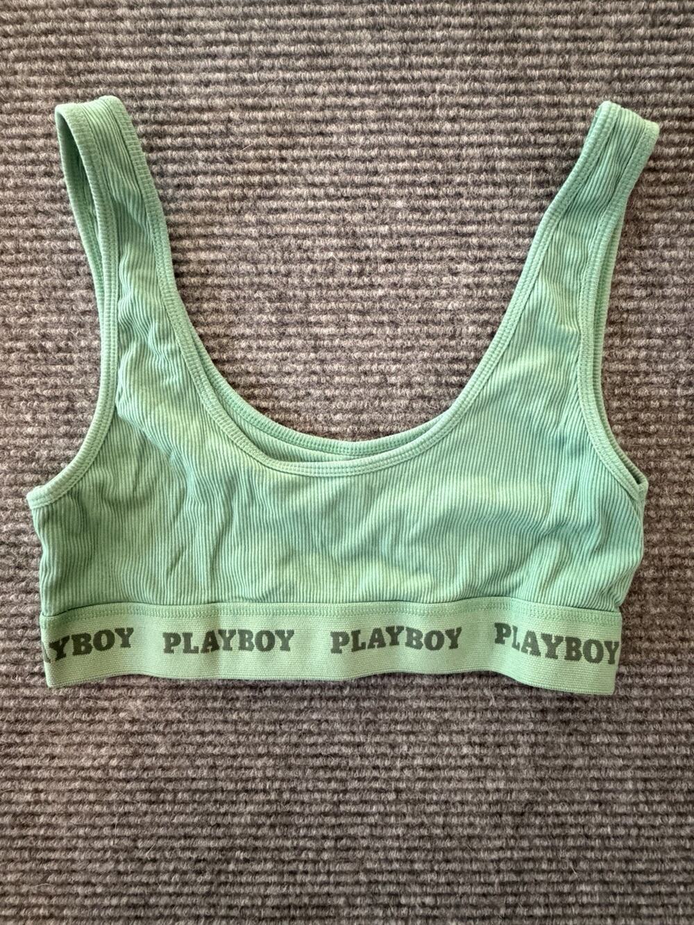 Playboy Women's Ribbed Bralette Sports Bra Mint Green Logo Band Y2K Medium